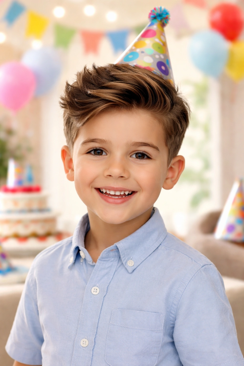 Boy with neatly styled birthday hairstyle staying in place during celebration.