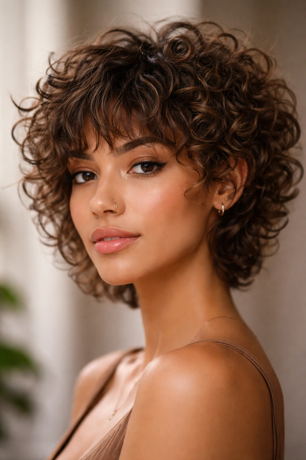 18 Gorgeous Ways To Wear Bangs With Curly Hair 10 Close-up of bixie bangs with textured fringe on curly hair.