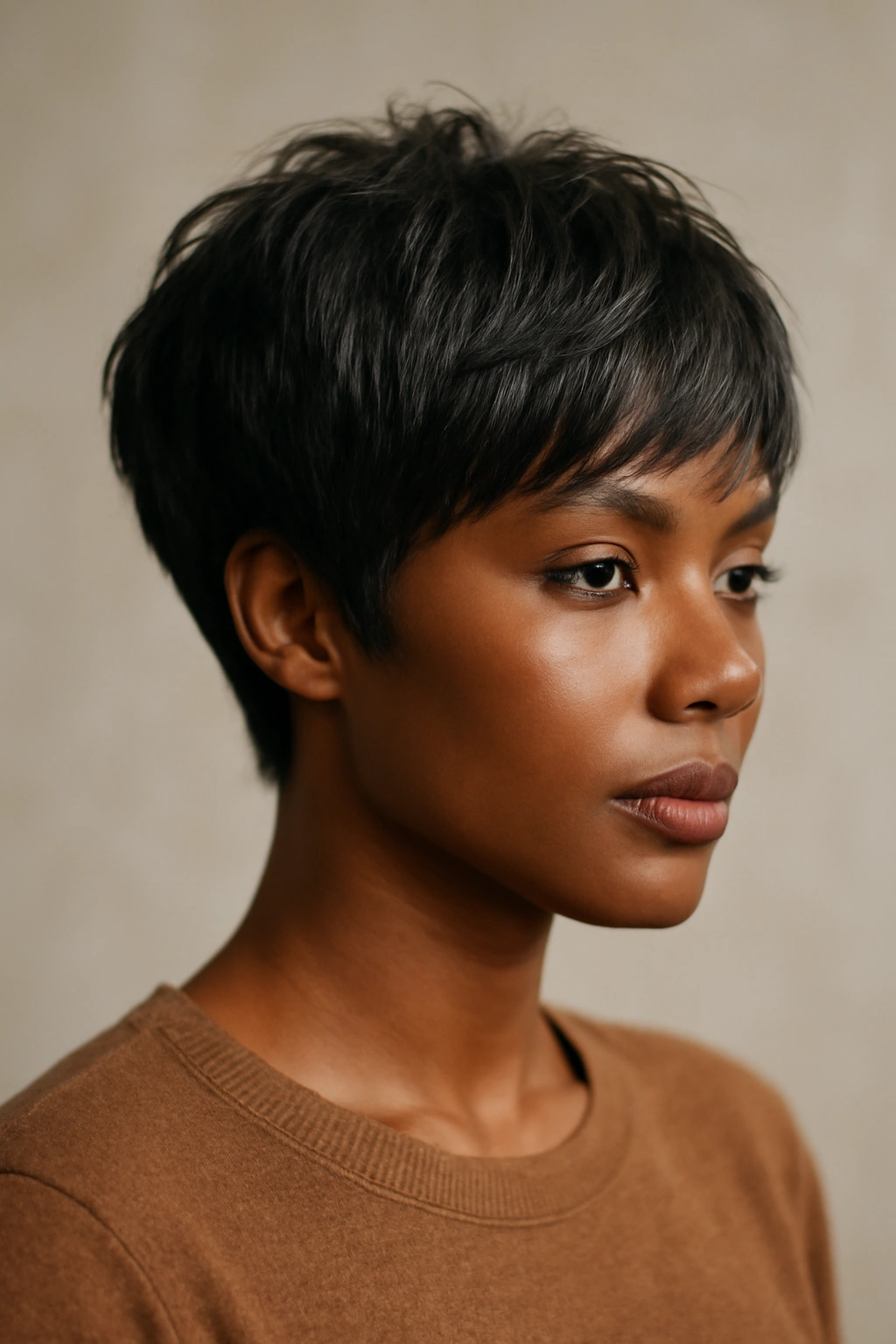 12 Bob Haircuts for Black Women Worth Bookmarking 10 Bixie bob with chin-length front pieces and short crown layers in studio lighting