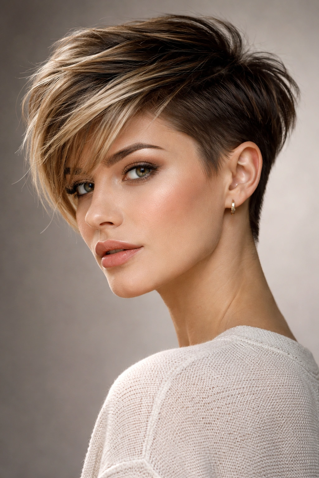 Bixie hairstyle with short sides and longer top on a simple studio backdrop