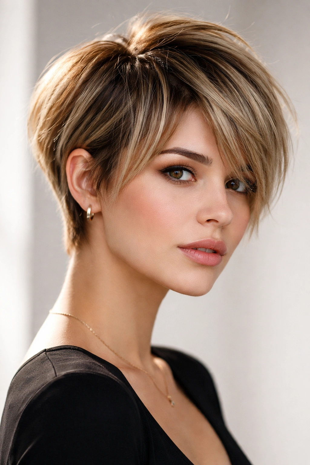 Model with bixie hairstyle showing long top and short textured back