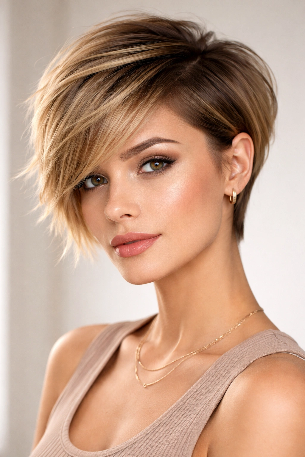 Asymmetrical bixie hairstyle with shorter side and longer top in studio lighting