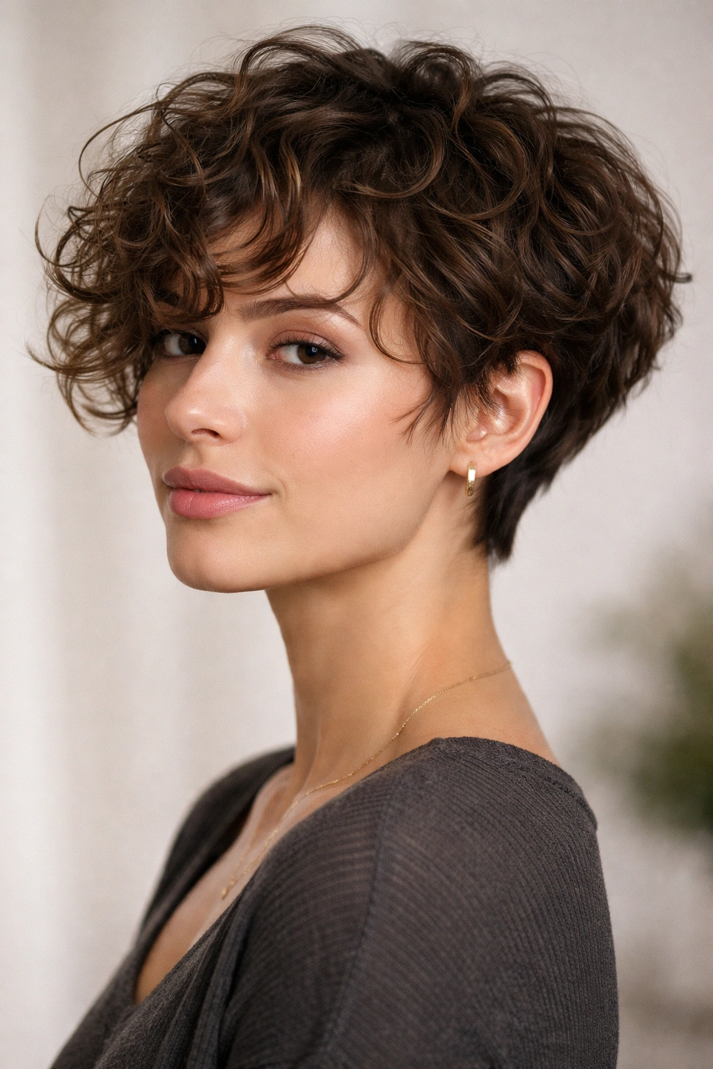 Head-and-shoulders portrait of a bixie hairstyle with long front and short back