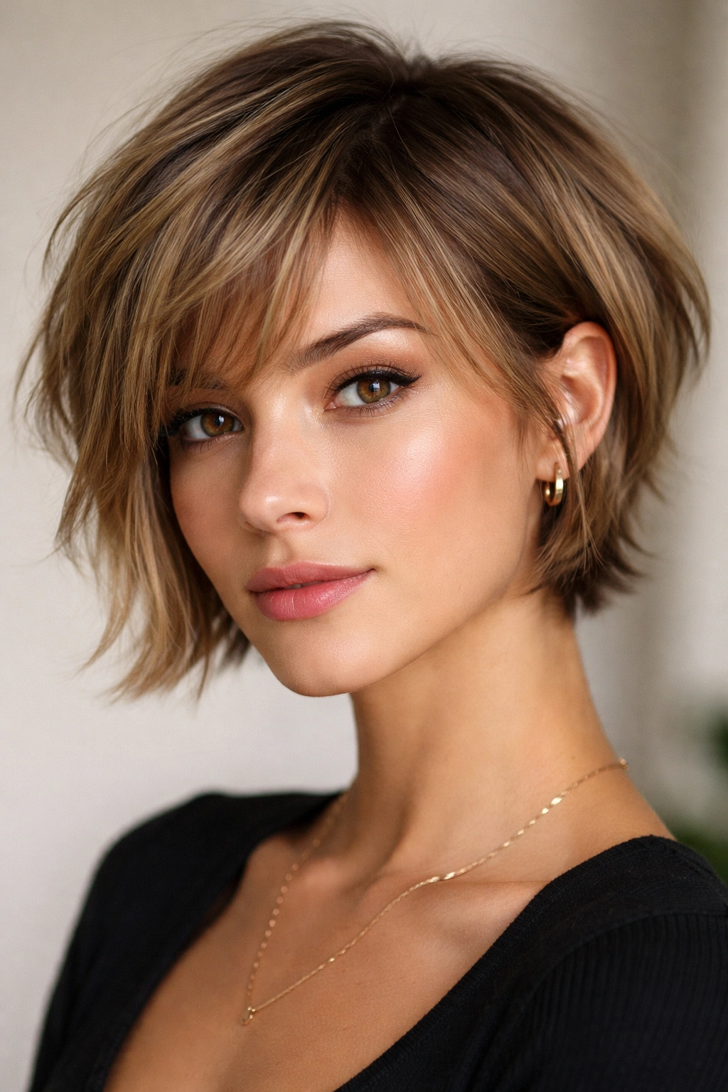 22 Bob Haircuts Flattering On Every Face Shape 22 Portrait of a model with a bixie bob, short back and longer front framing the face
