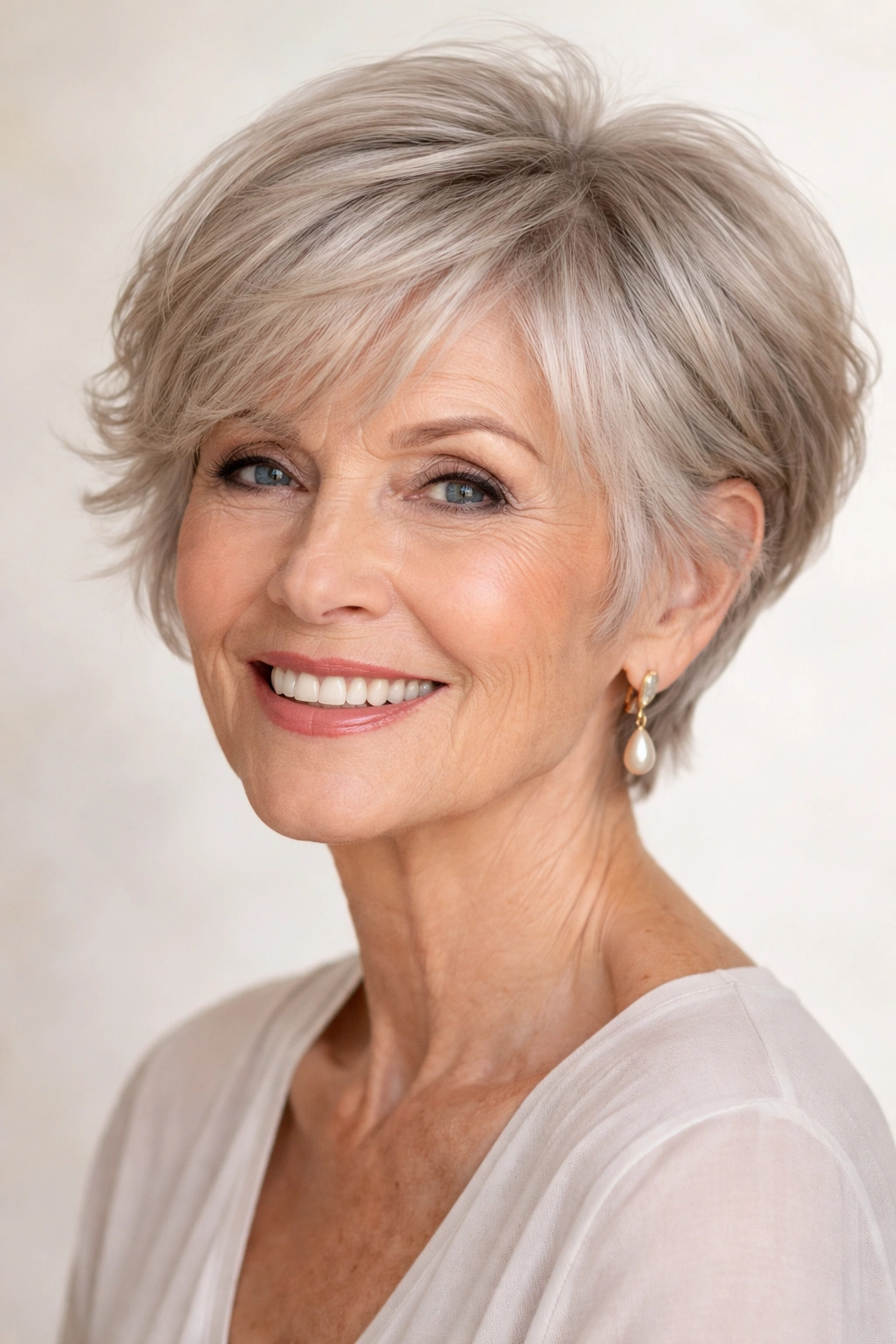 Elderly woman with bixie hairstyle showing blended bob-pixie layers.