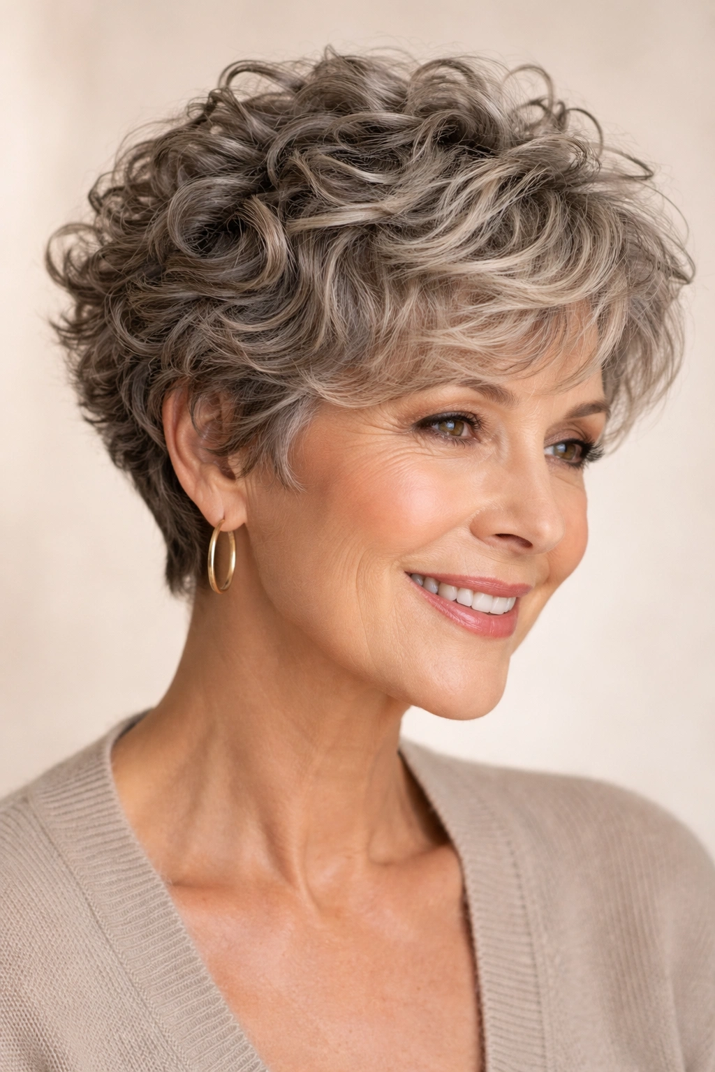 Short textured bixie curl cut with defined texture.