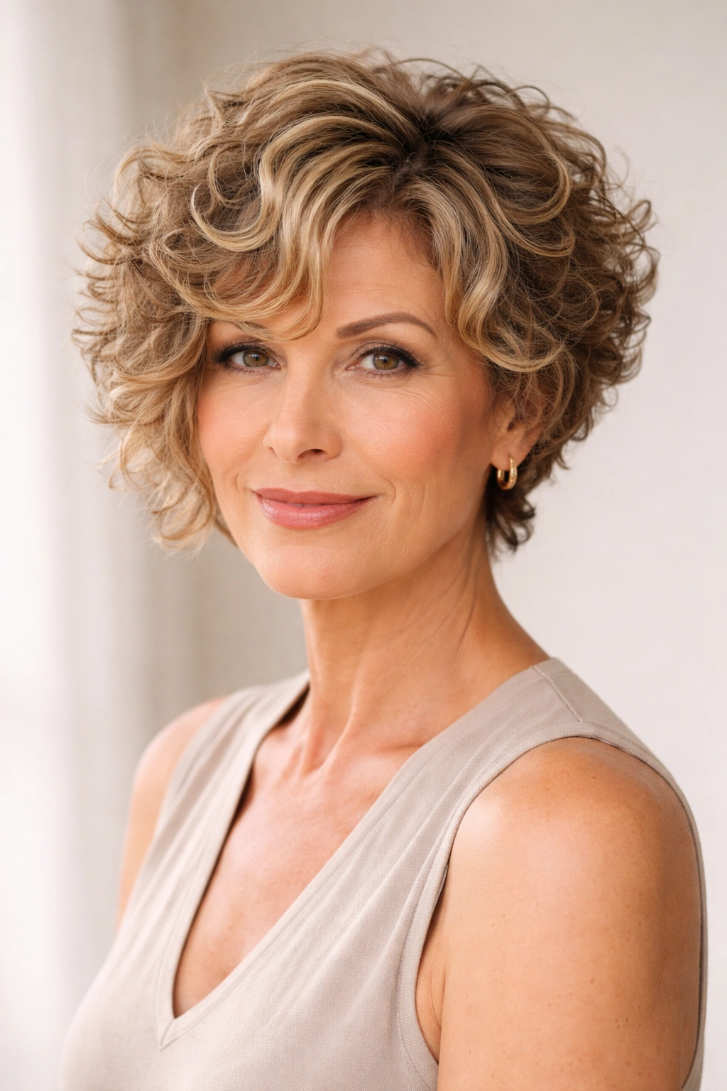 Curly bixie hairstyle portrait showing front-framed curls