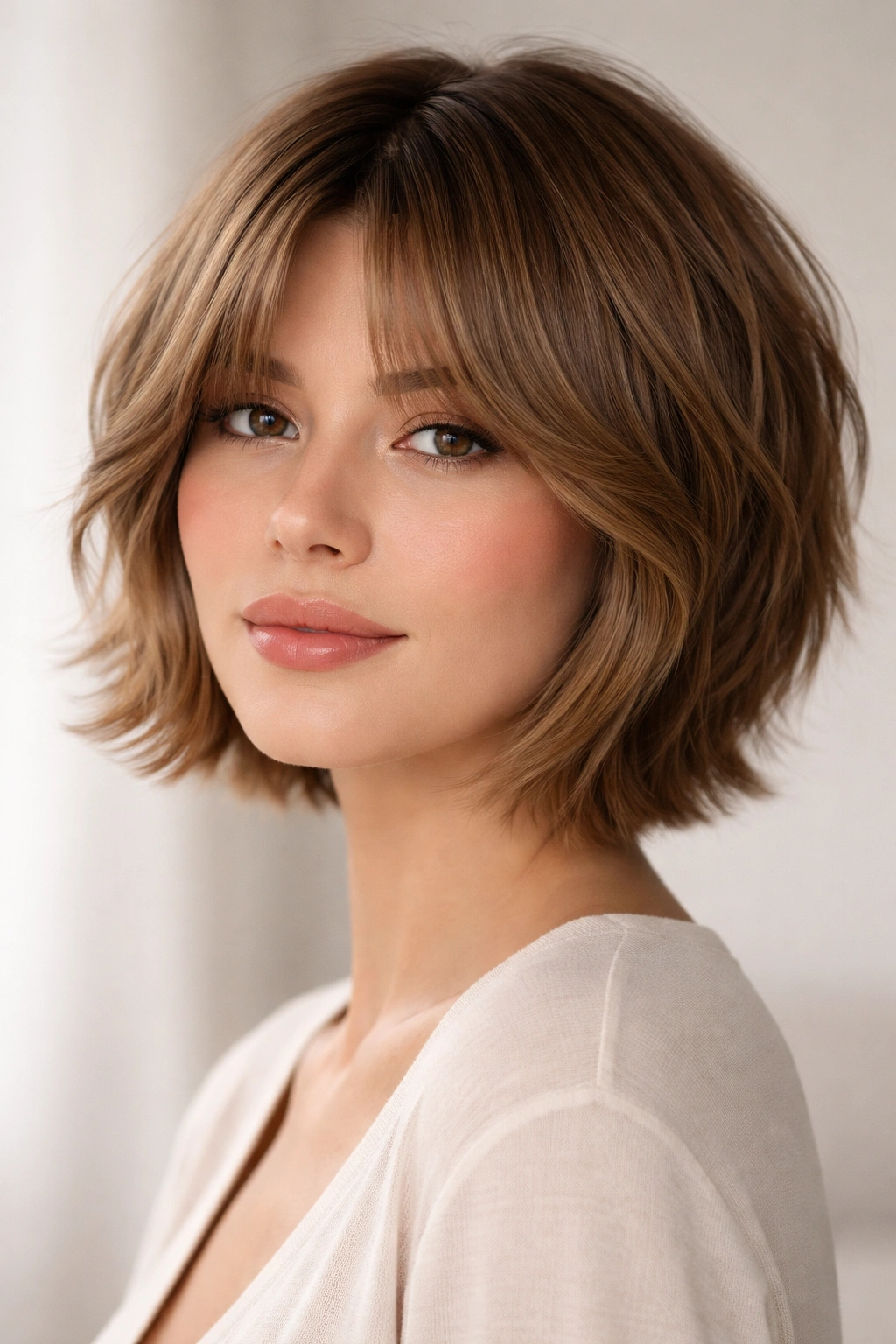 Portrait of a bixie with curtain bangs framing the face