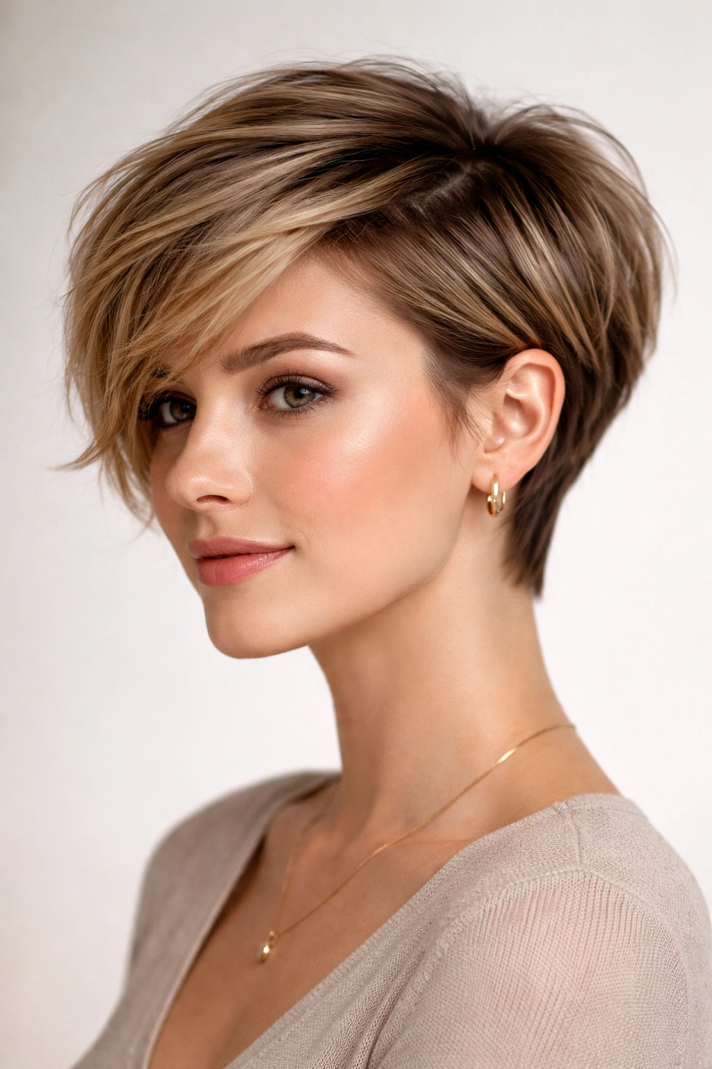 Portrait of a model with a bixie cut featuring a longer top and cropped sides