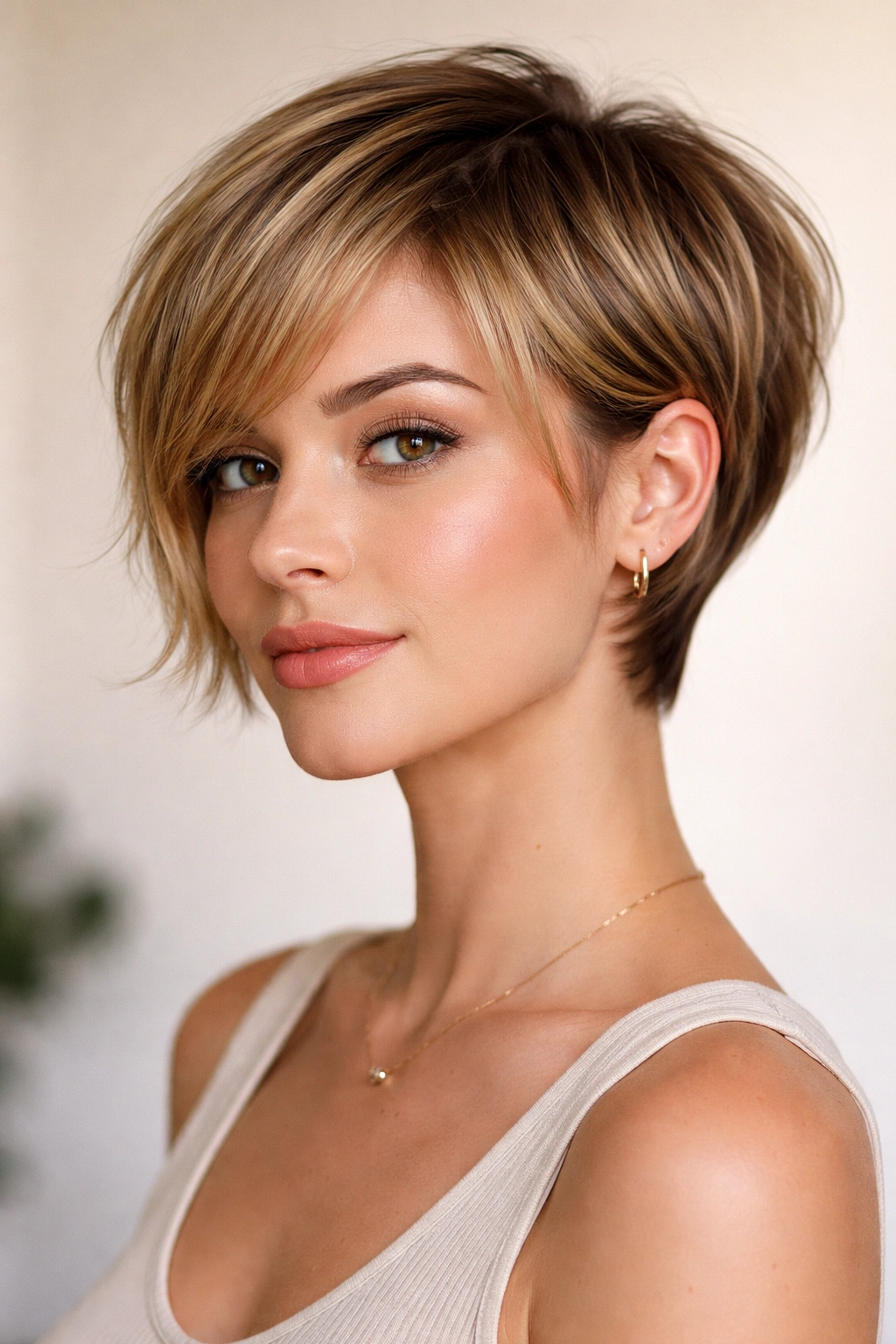 12 Short To Medium Straight Cuts That Look Clean 9 Bixie haircut with longer front and shorter back in a studio portrait