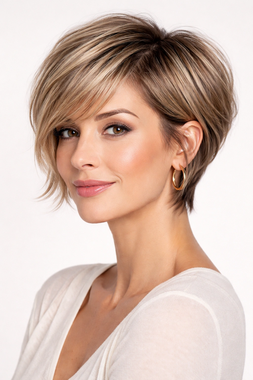 Head-and-shoulders portrait of a bixie cut with face-framing front pieces
