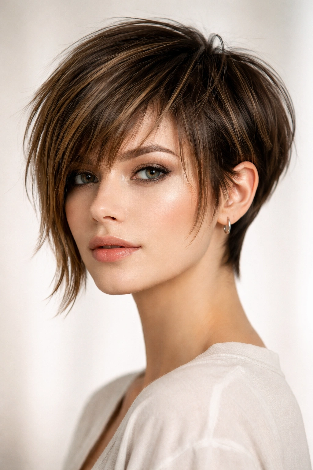 Bixie cut with long front and short back creating a bold silhouette