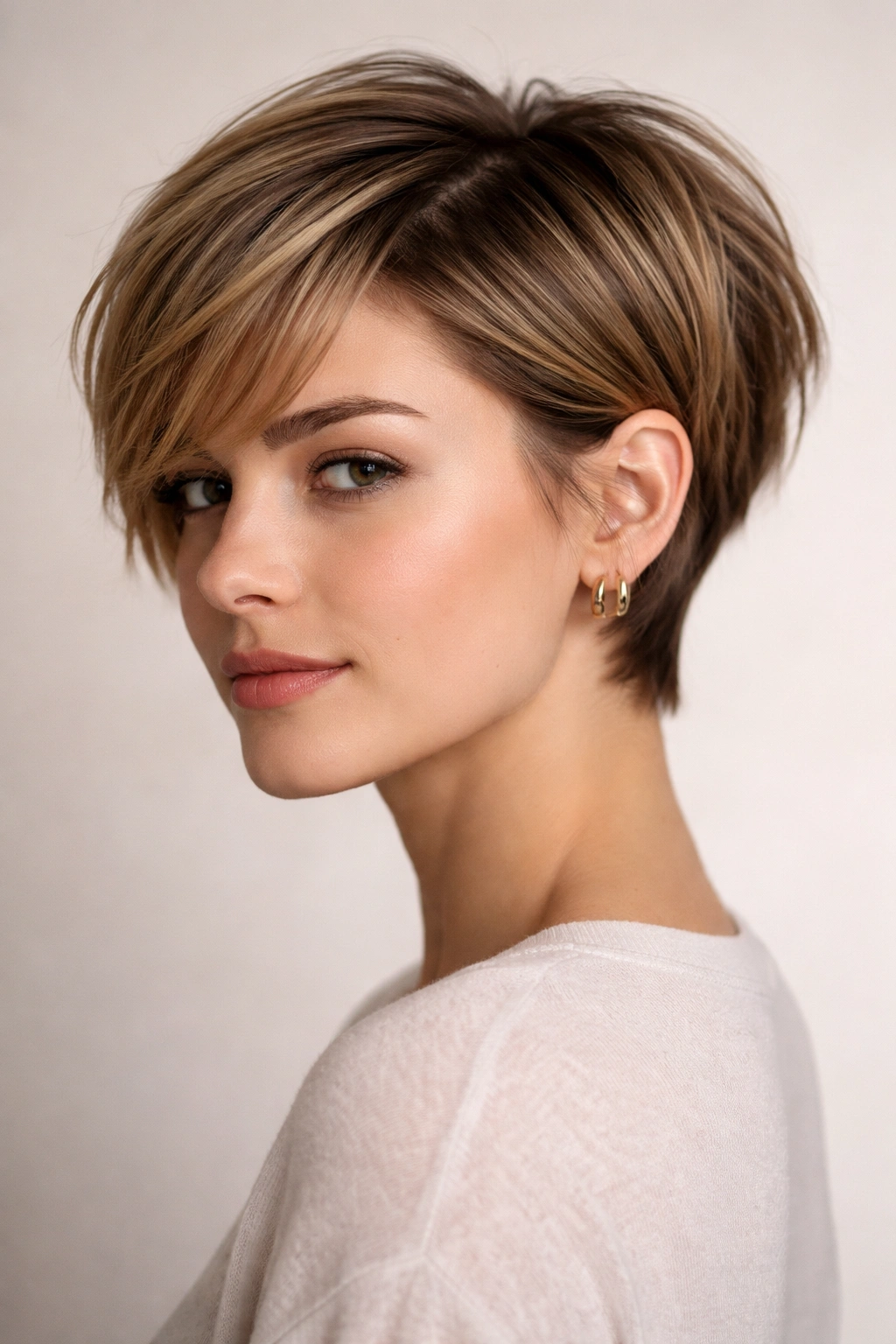 Bixie cut hairstyle showing ear-length sides and longer top layers