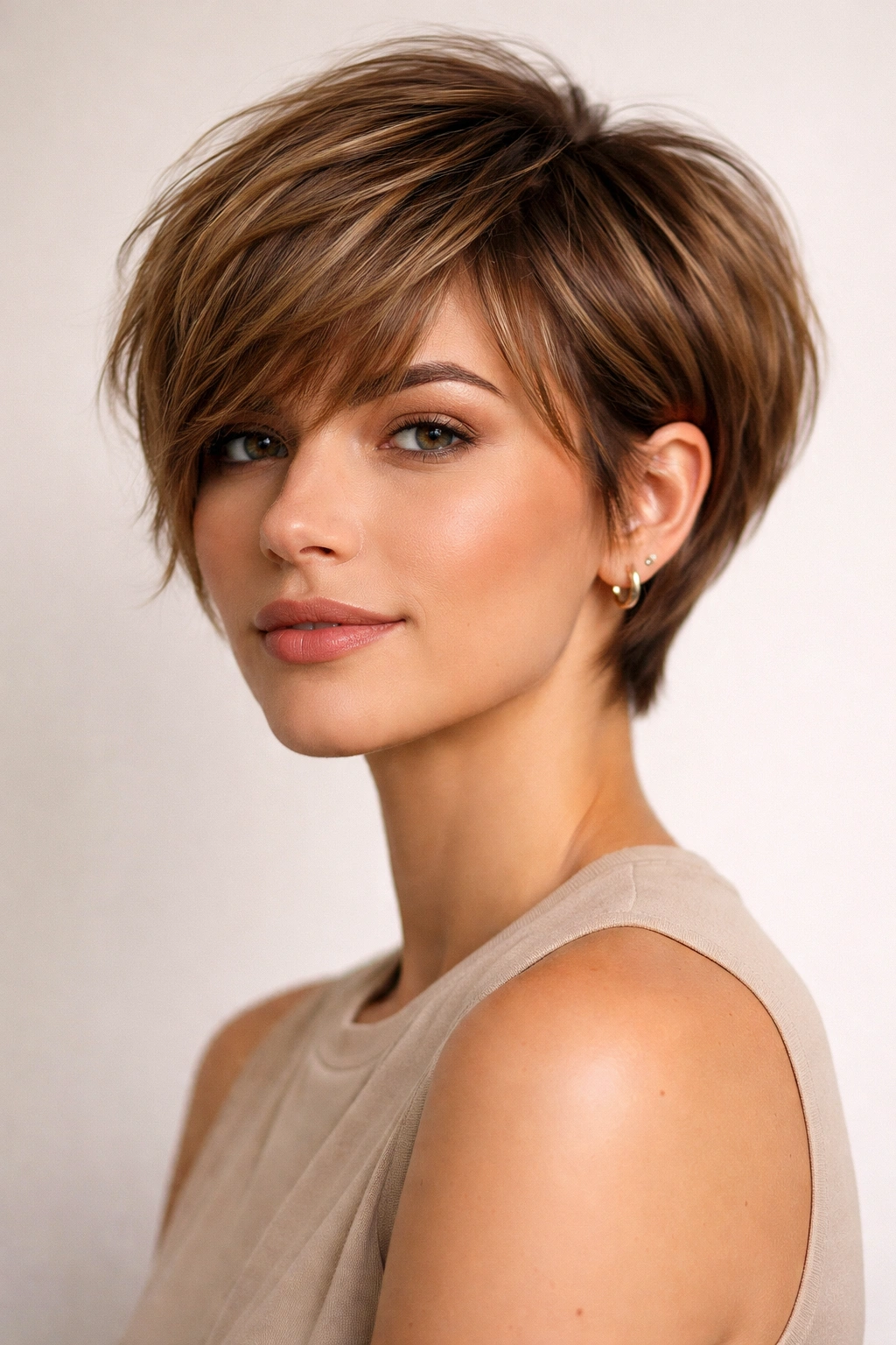 Bixie cut hairstyle with longer top and blunt sides