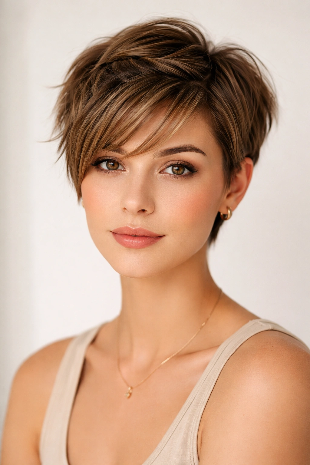 18 Bob Haircuts With Bangs Matched To Face Shape 7 Portrait of a model with a bixie cut and pinned-back bangs for triangle faces