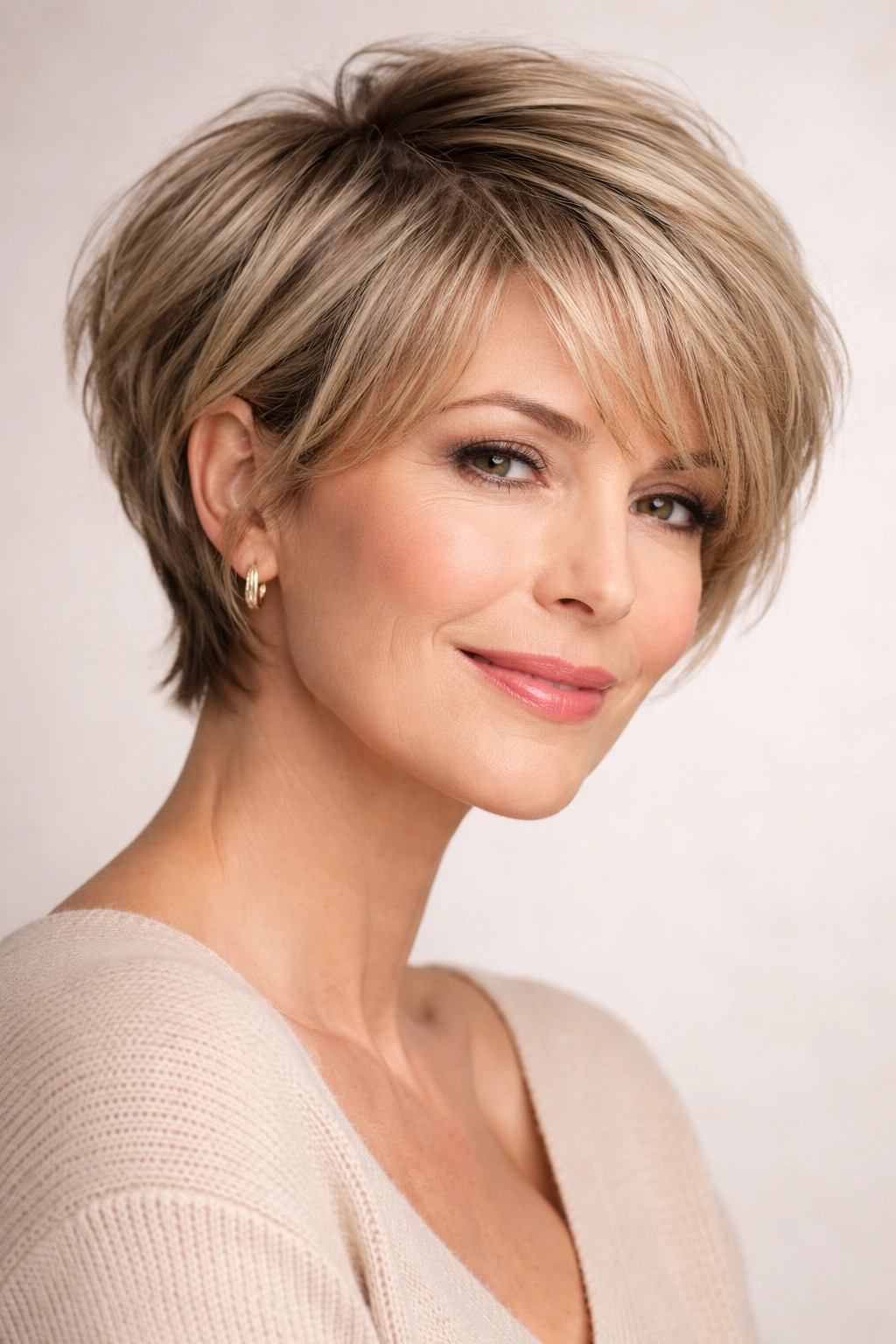 Ear-length bixie cut on a model showing volume and soft layering in a studio portrait
