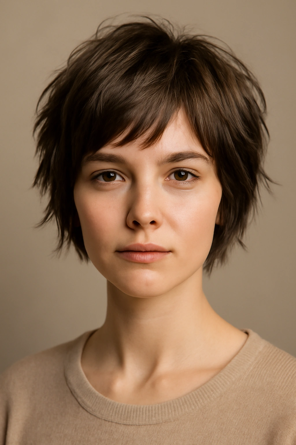 Close-up of bixie cut with short crown and face-framing layers