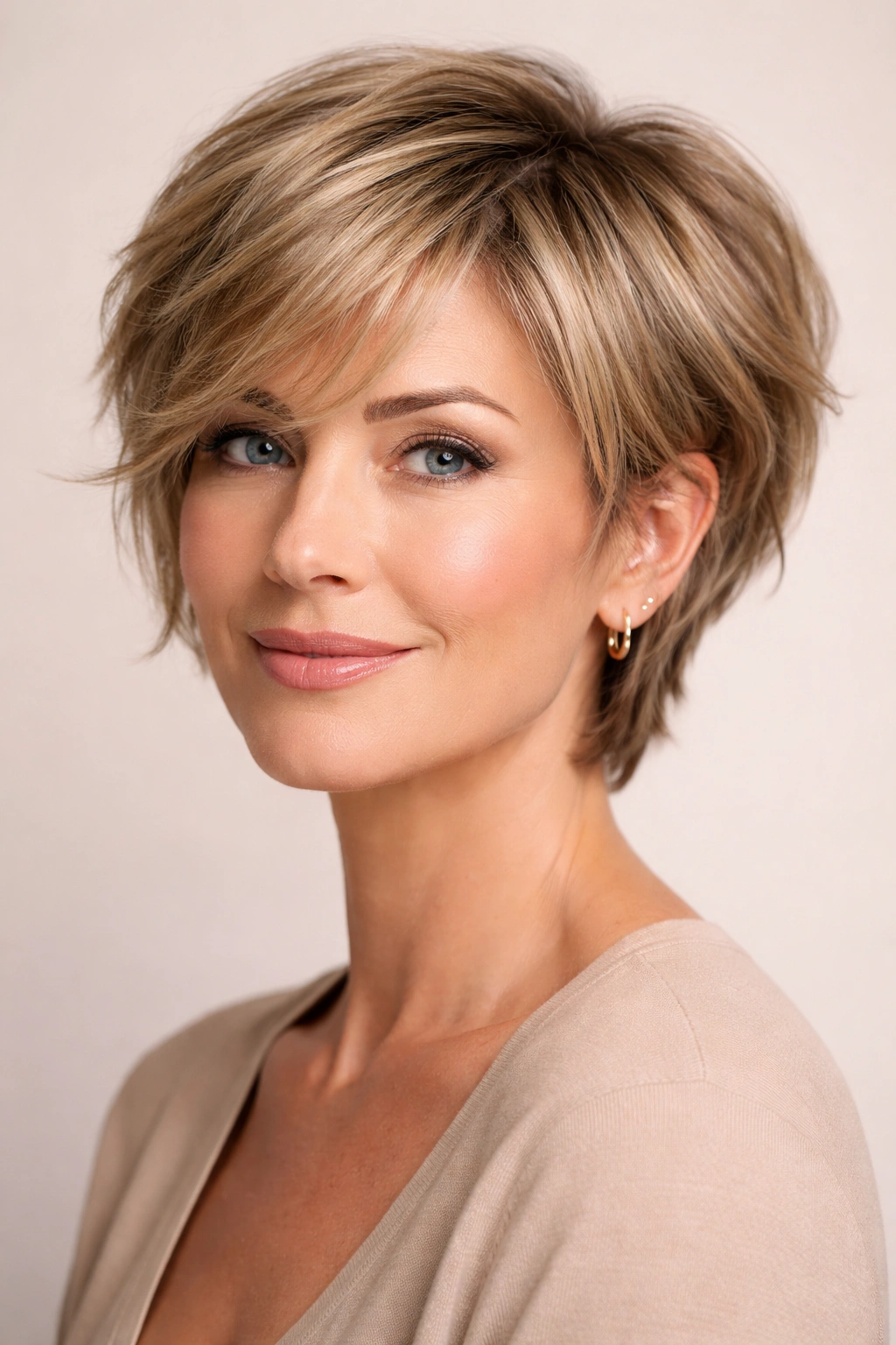 Model showcasing a bixie cut with textured layers for added fullness