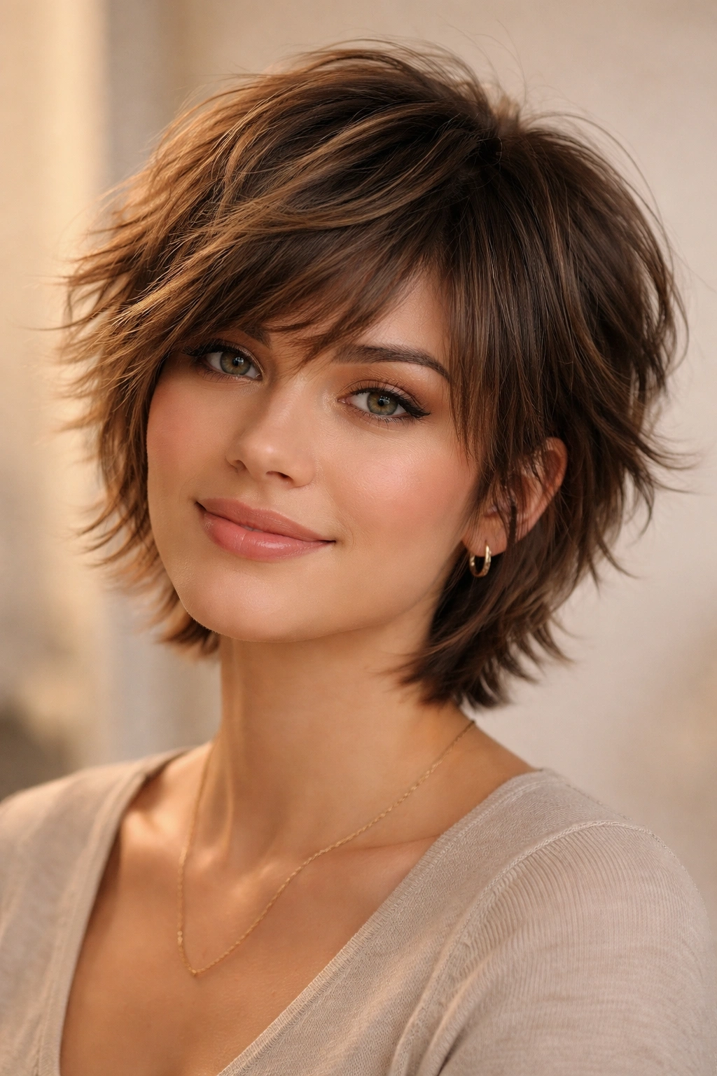 Close-up of a model with a shaggy bixie featuring feathered layers, textured movement