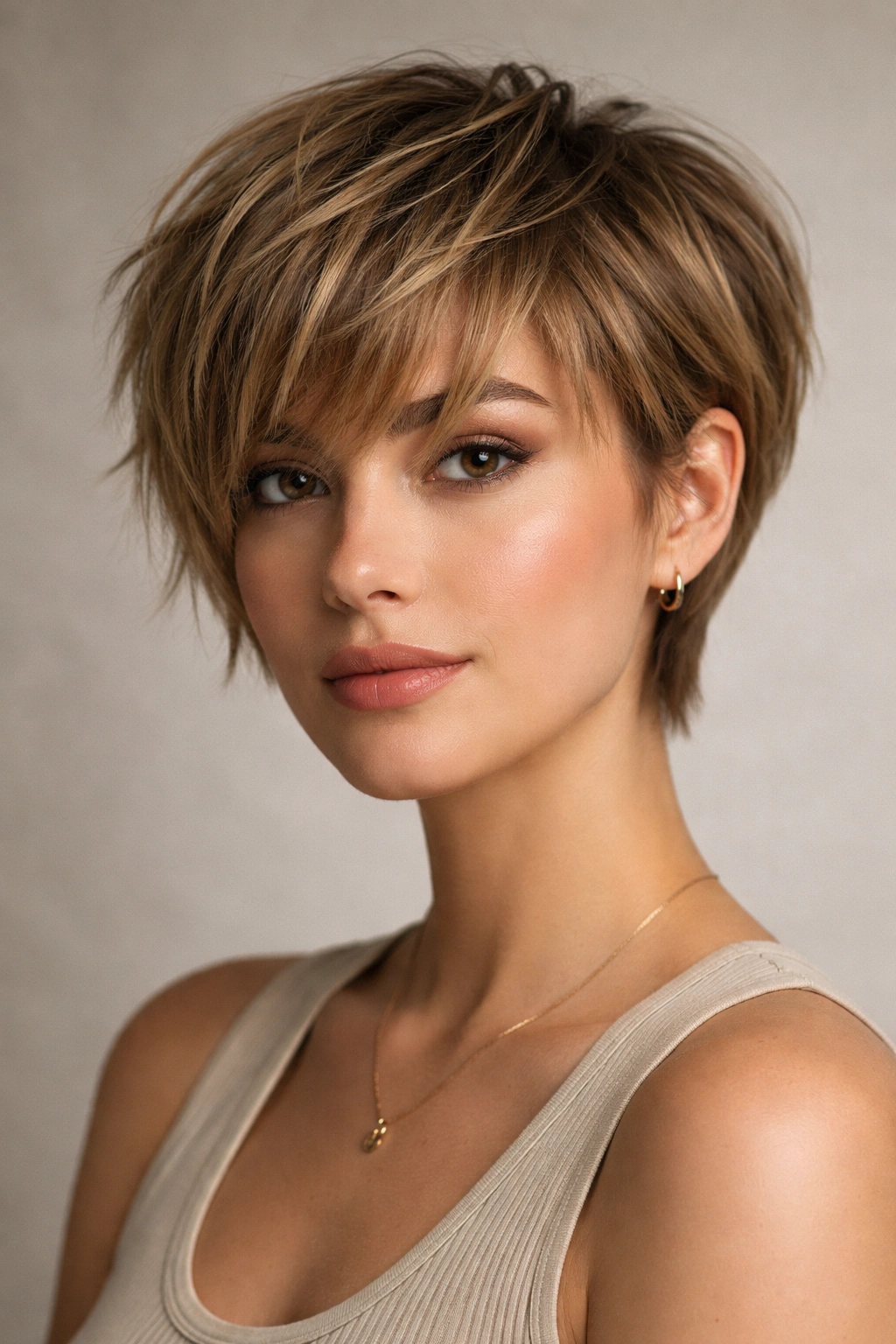 Head-and-shoulders portrait of bixie haircut with fringe, showing texture and horizontal lines