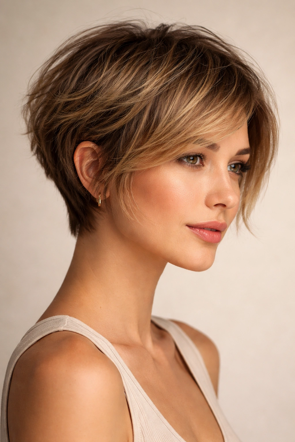 Head-and-shoulders bixie haircut showing short sides and chin-length front