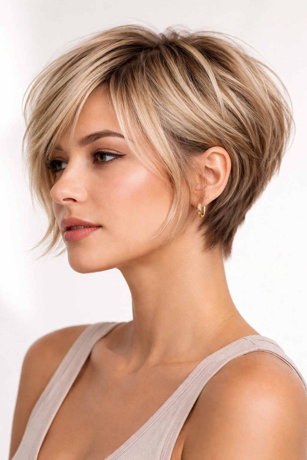Blonde bixie hairstyle showing back pixie length and front pieces