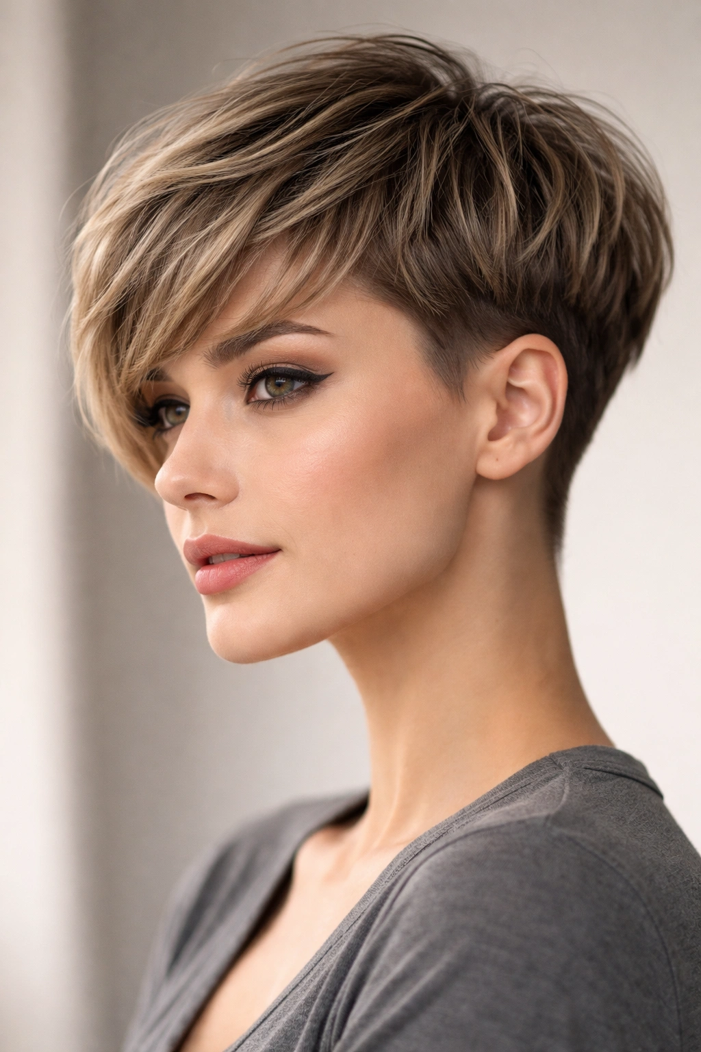Close-up of a bixie hairstyle with long top and faded sides on a model