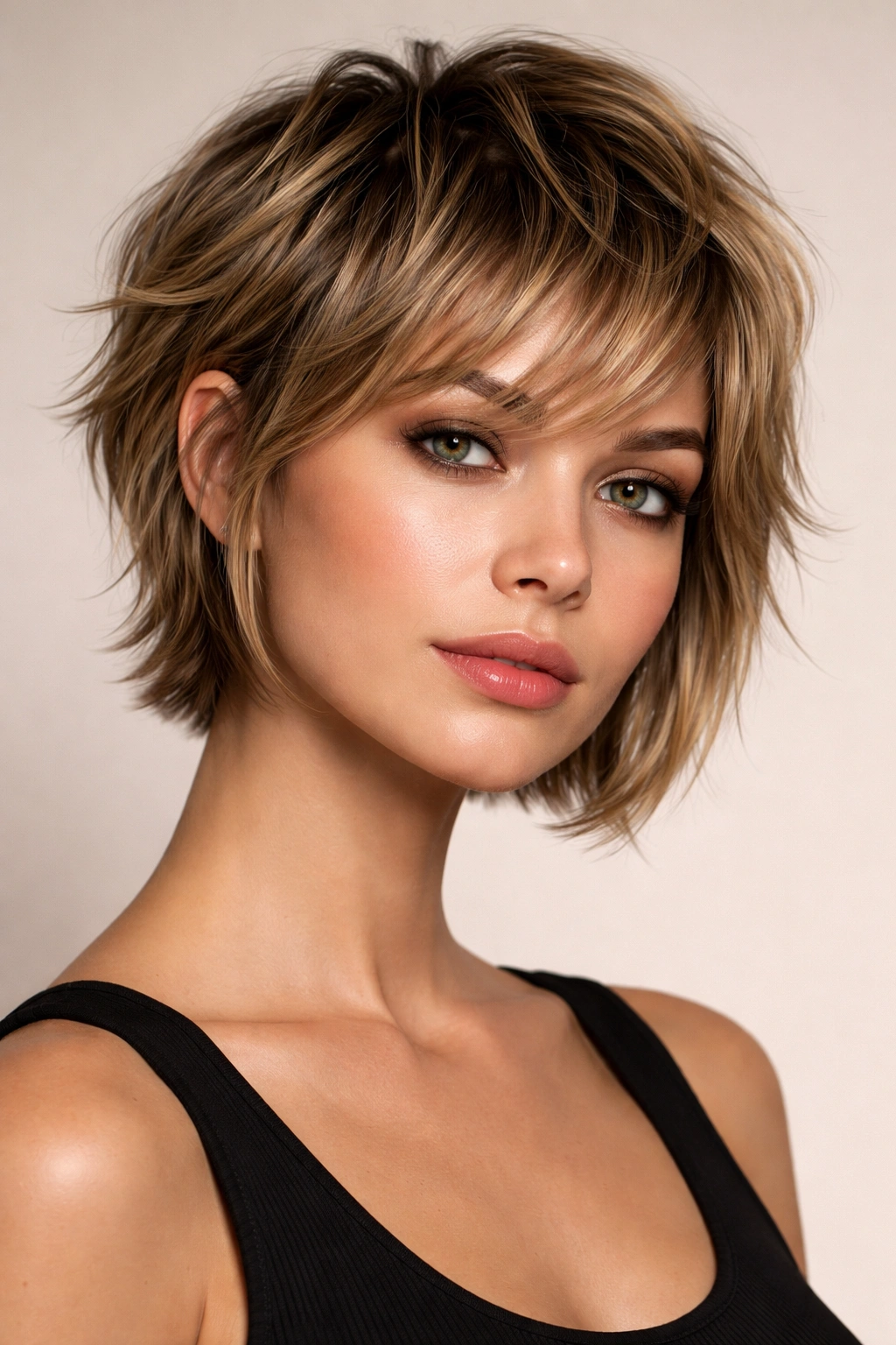 Close-up of a bixie haircut on a model, textured crown and chin-length sides in a studio.