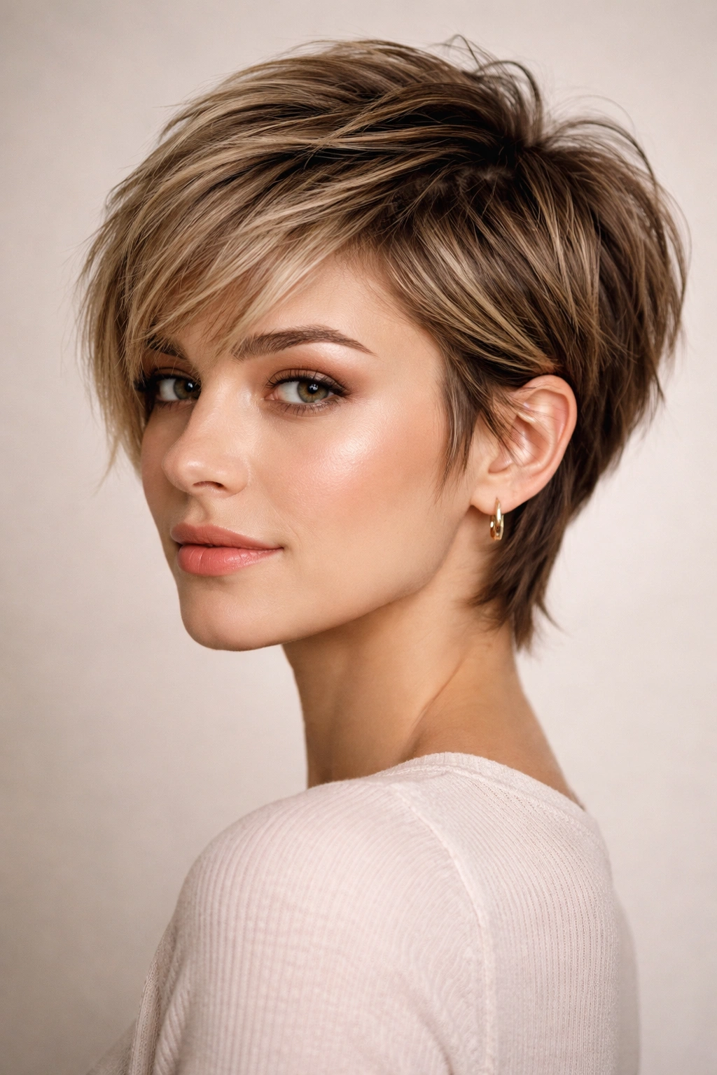 Bixie hairstyle with short textured crown and longer sides
