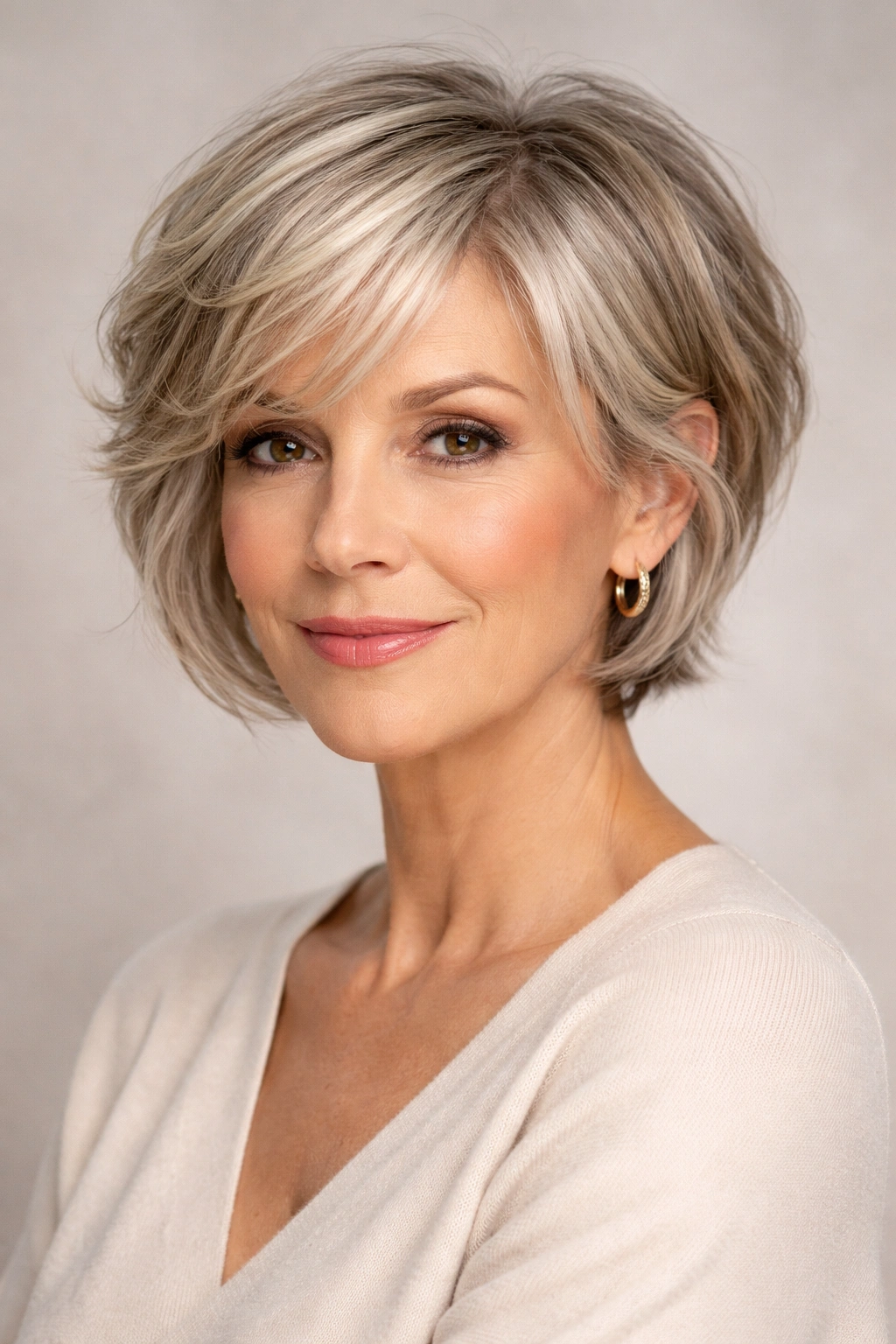 Mature woman with bixie haircut featuring cheek-length face-framing layers