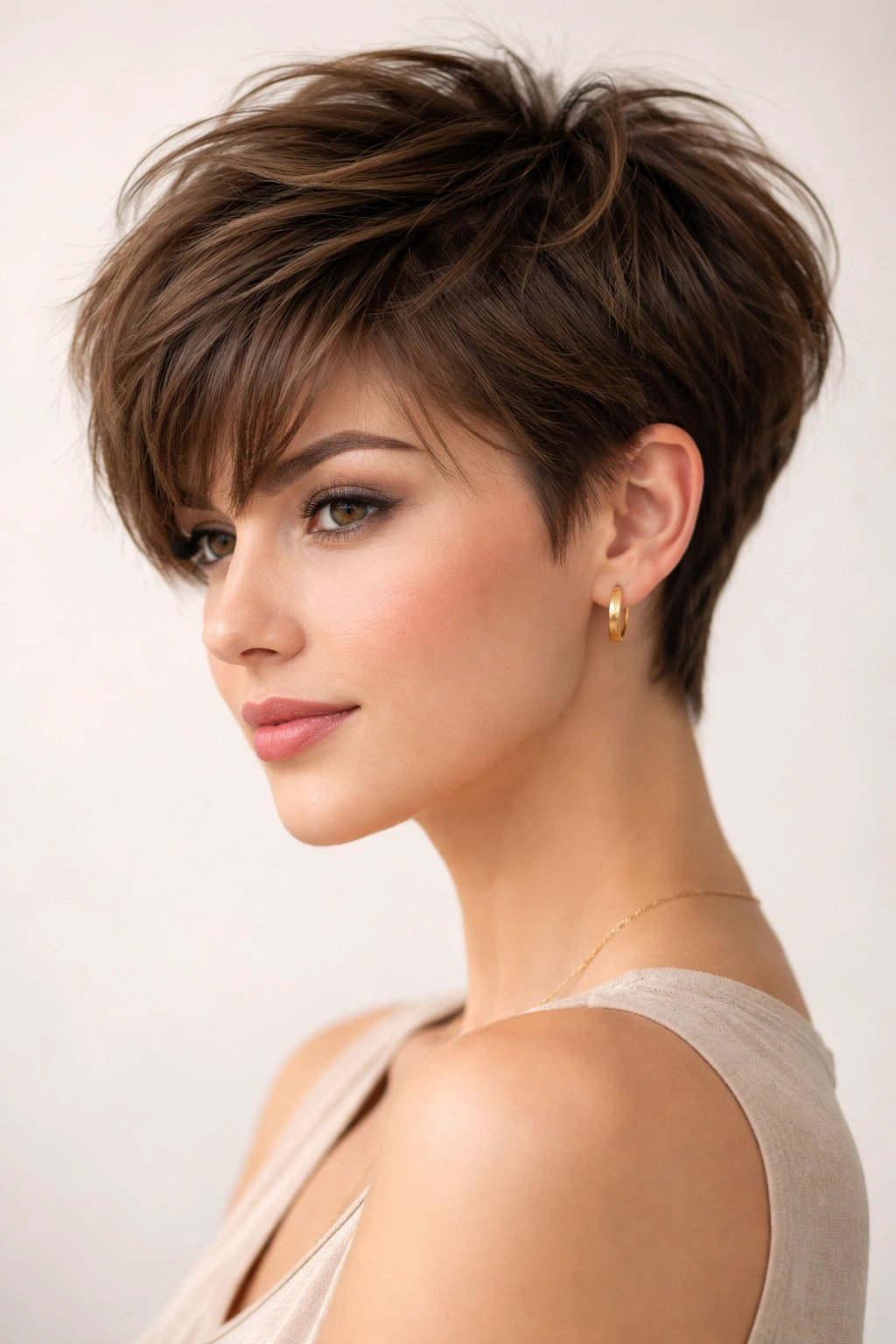 Close-up of a person with a textured bixie haircut featuring a voluminous crown and cropped sides in a studio.