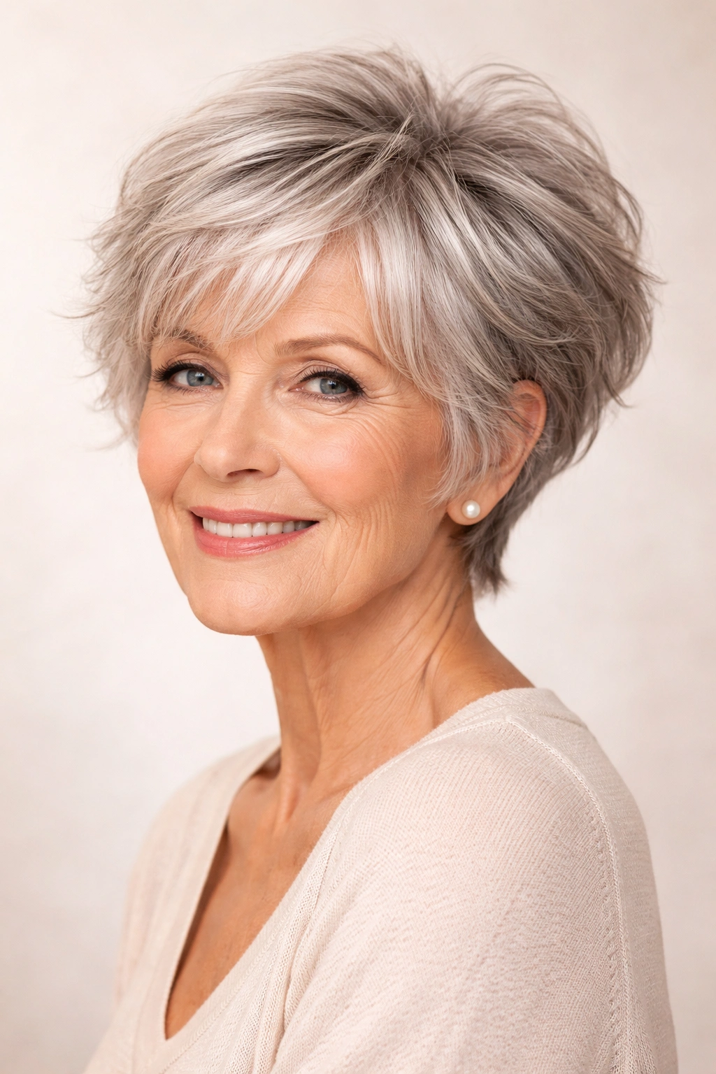 Bixie hairstyle on a mature woman with textured layers and lift at the crown
