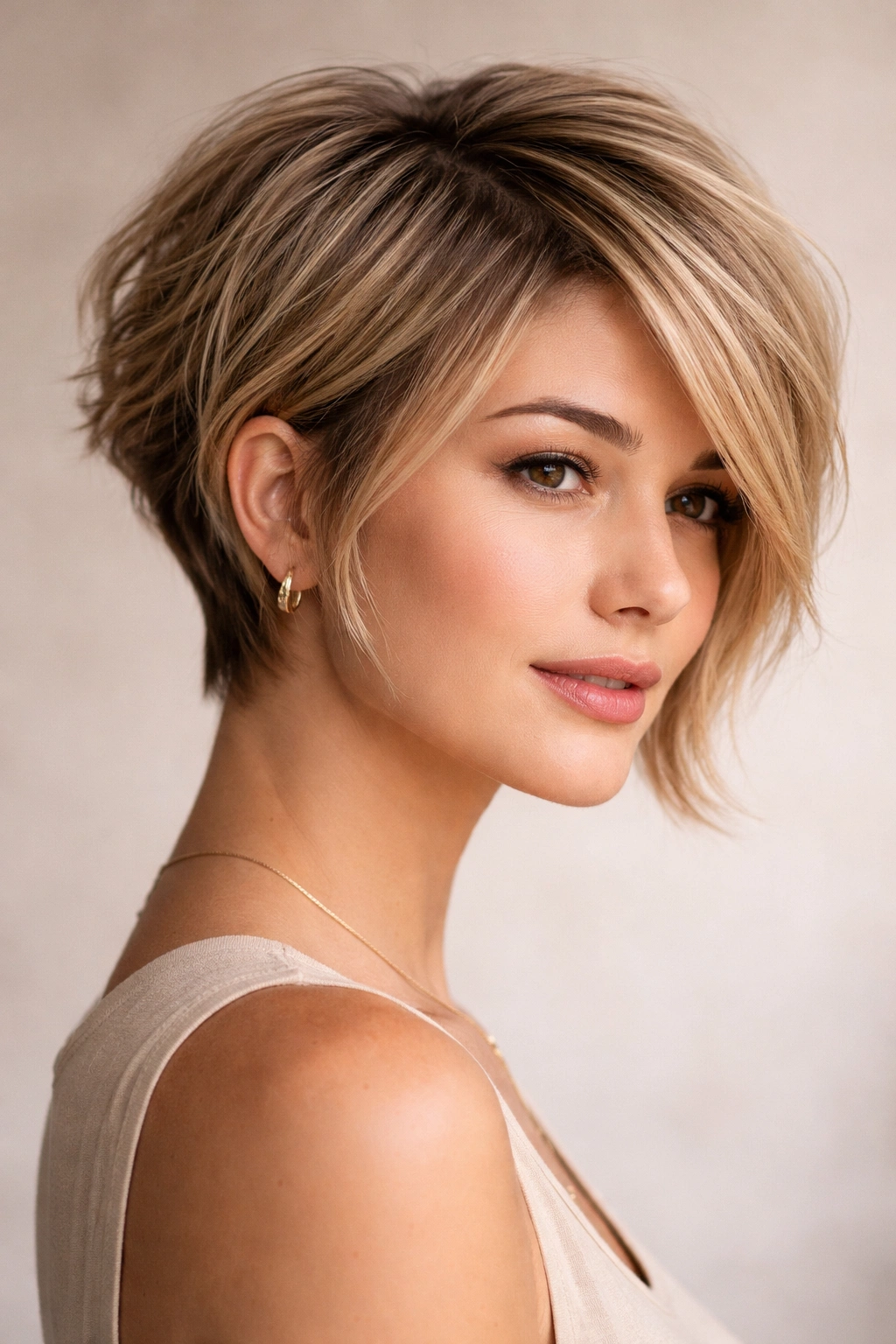 Asymmetrical bixie hairstyle with short textured back and longer front pieces.