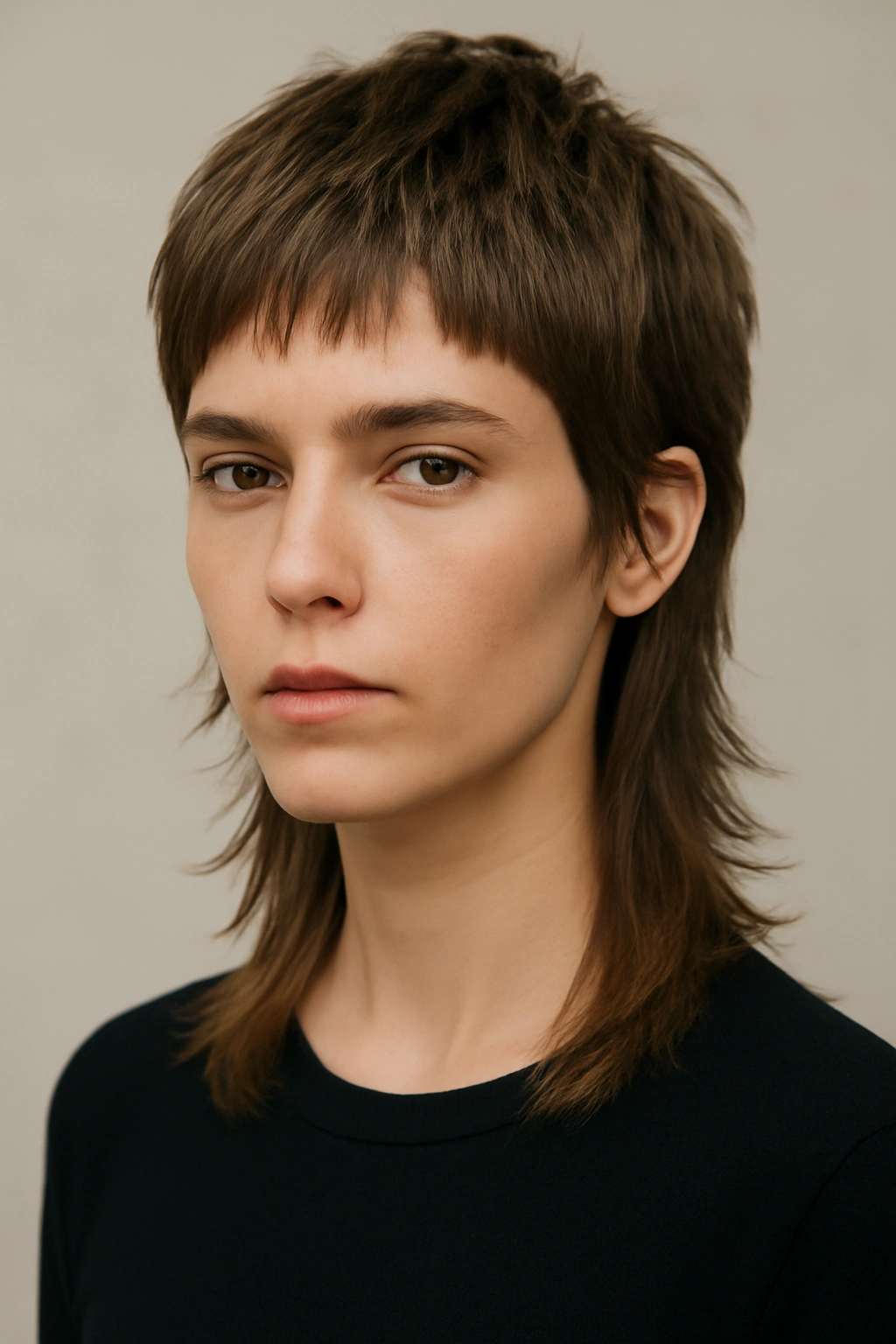 Portrait of a person with a bixie mullet: ear-length textured front and long back