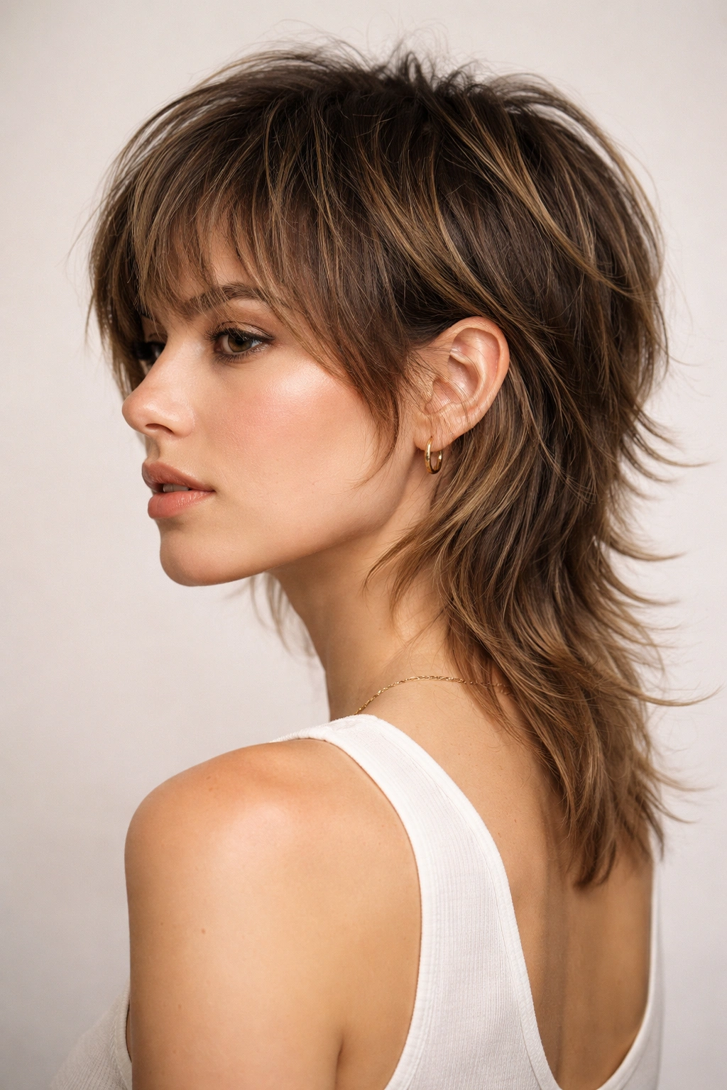 Close-up portrait of a model with a bixie mullet showing ear-length front and long back