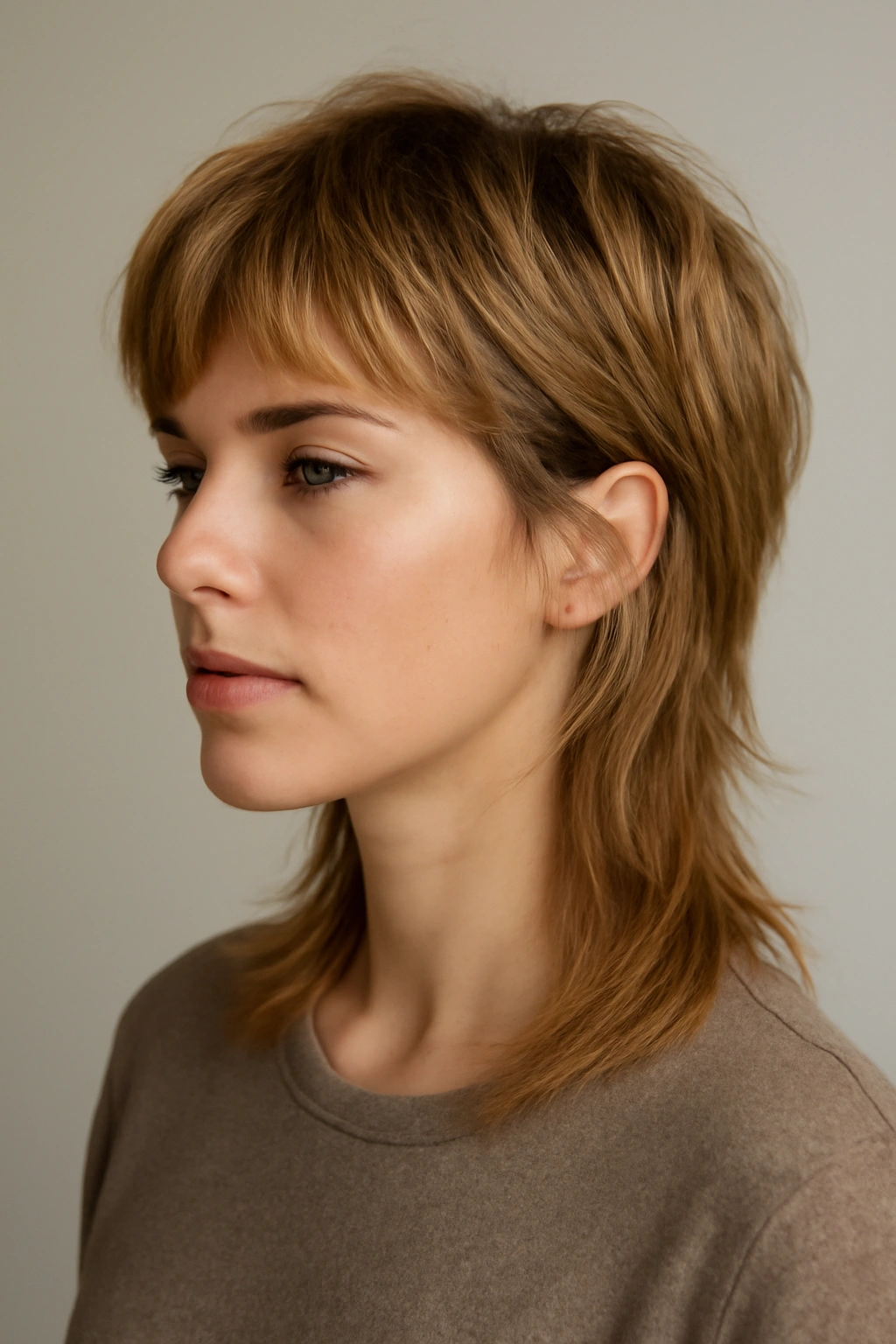 Bixie mullet showing ear-length front and long back on model