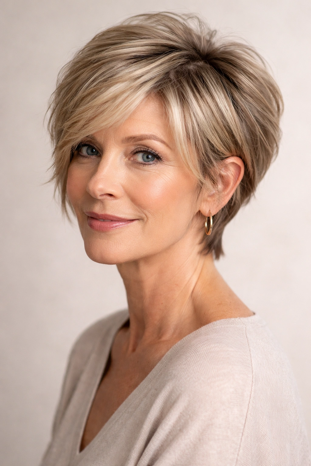 Portrait of a woman with a bixie haircut showing crown lift and longer front pieces