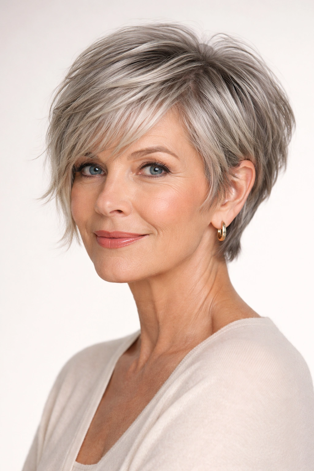Front-angle shot of a modern bixie with short sides and longer front pieces