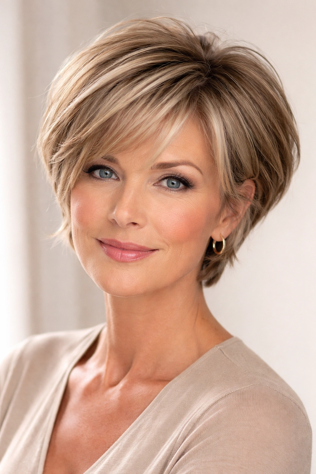 Soft bixie hairstyle with crown layers and face-framing pieces.