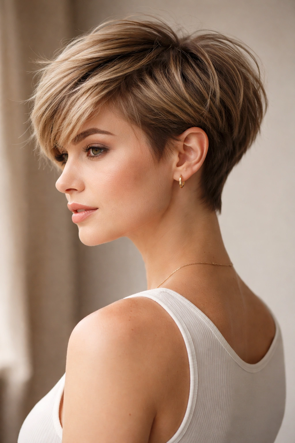 Bixie hybrid hairstyle with short sides and longer textured top