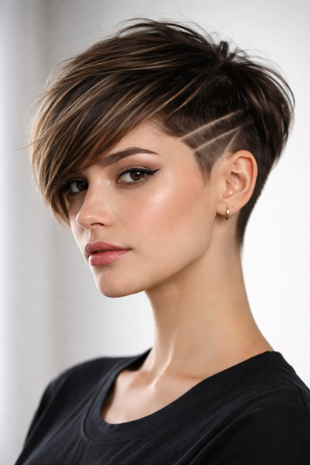 Modern bixie cut with sharp line design on shaved sides