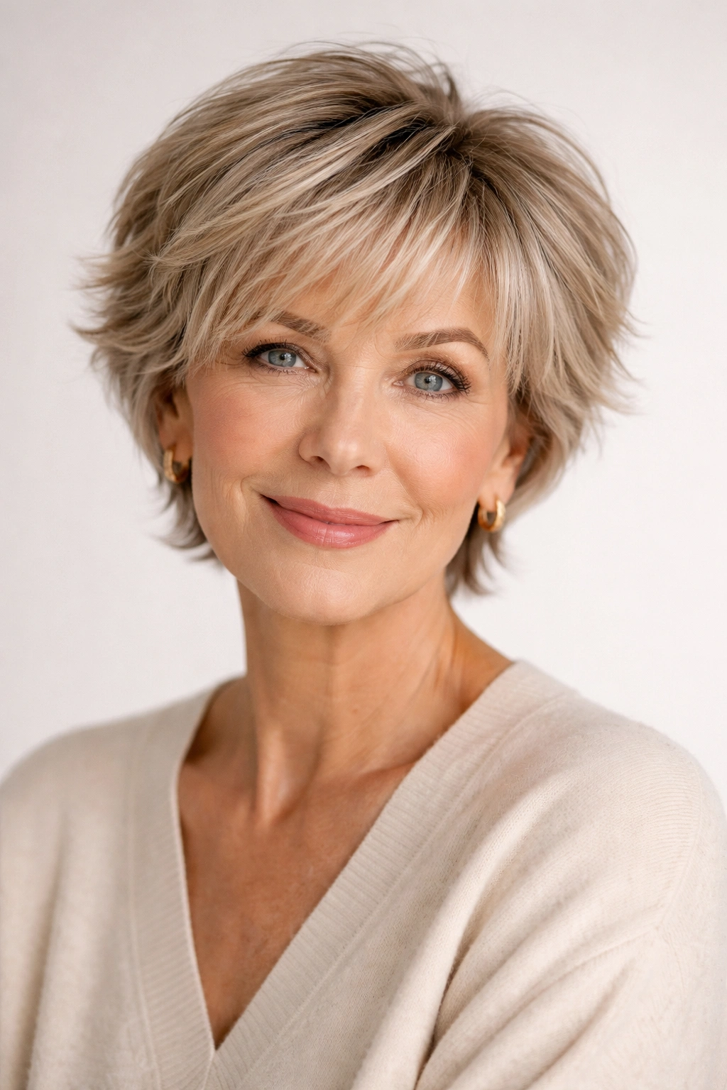Thick-haired woman with a textured pixie bob showing movement.
