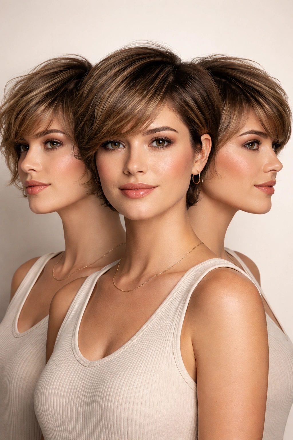 Portrait illustrating versatile bixie styling for round faces
