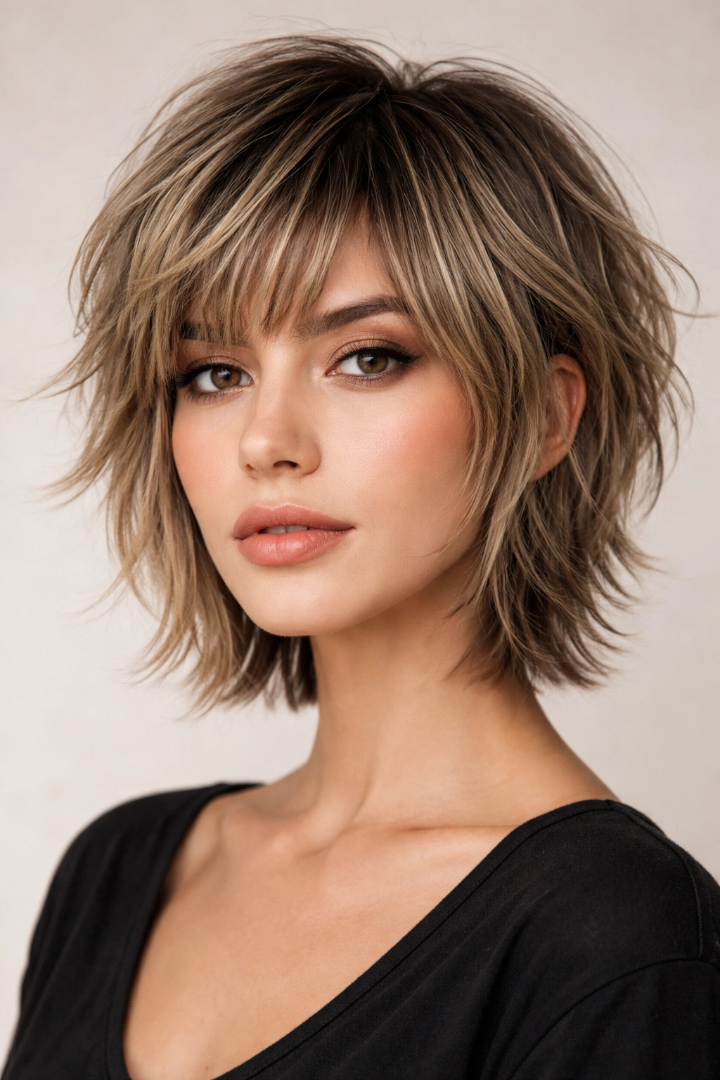 Close-up of a person with a bixie wolf cut showing bob-length top and pixie-like layers