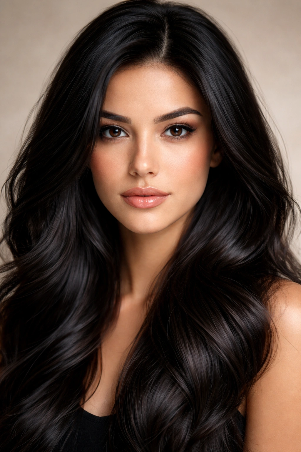 Close-up portrait of black hair with glossy shine in studio lighting