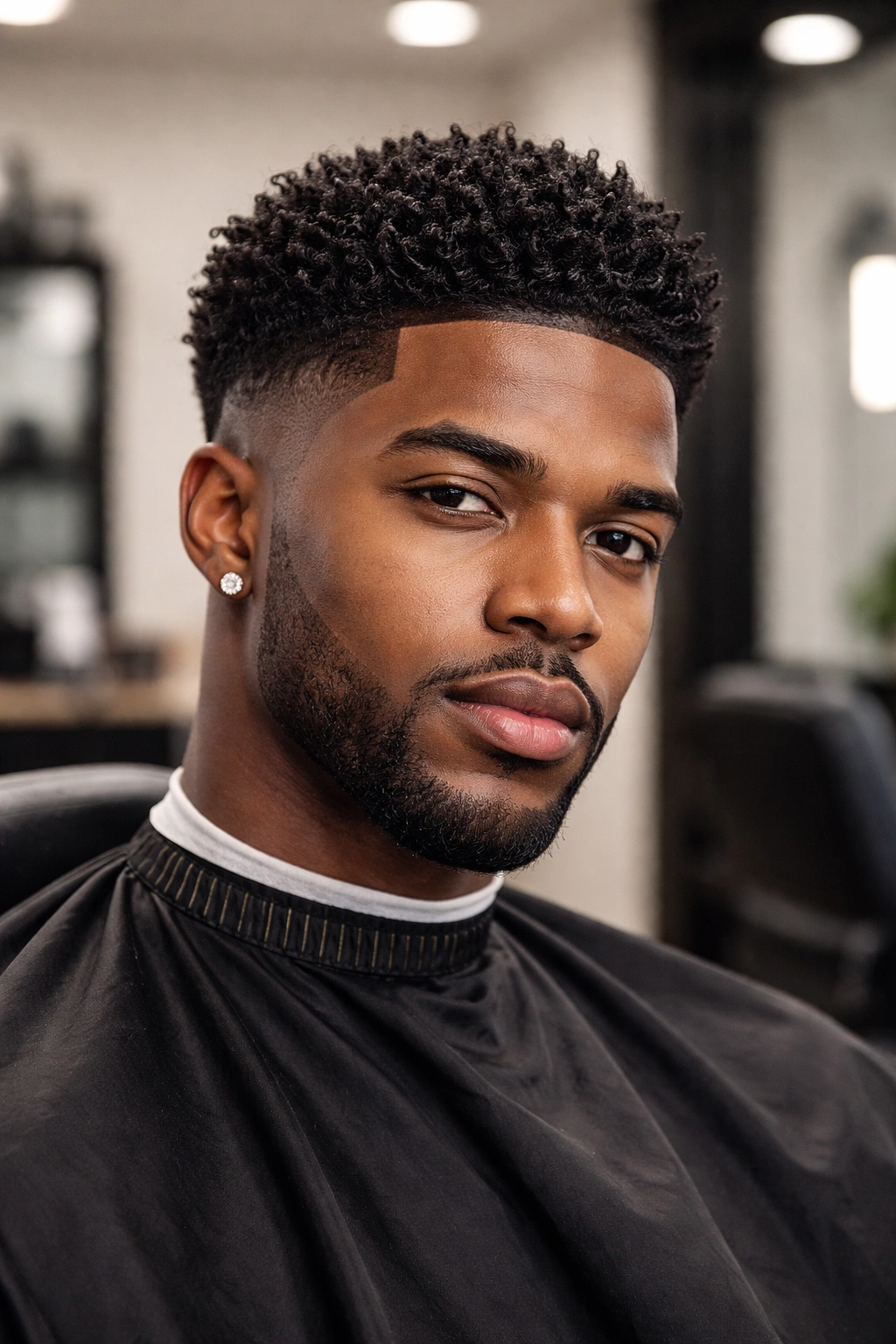 Close-up of a Black man's sculpted haircut with texture and fade