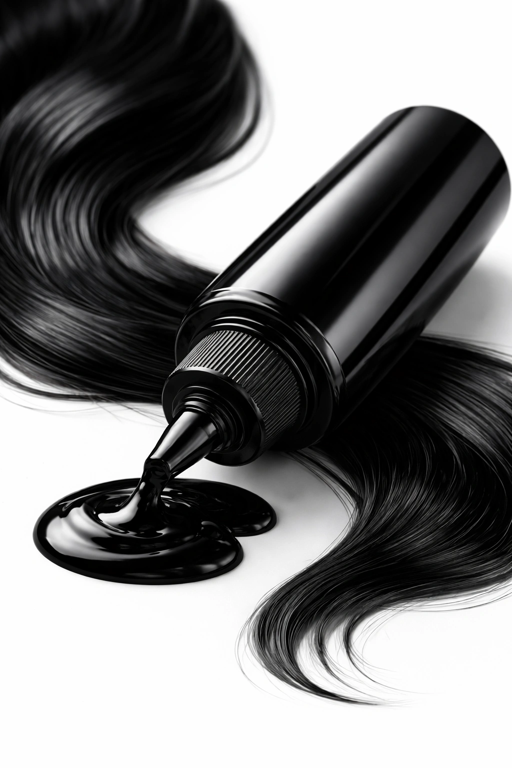 Close-up of a black hair dye bottle with no label on white background