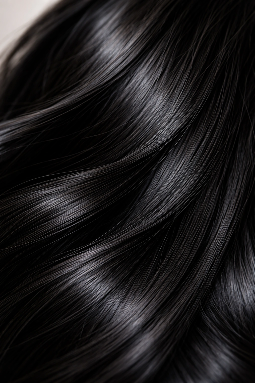 Close-up of glossy black hair strands showing deep natural pigment