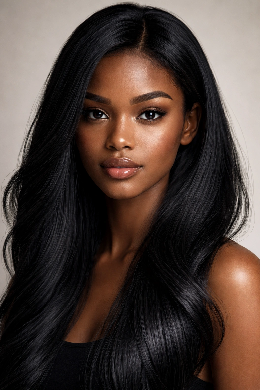 Close-up portrait of a person with jet-black hair showing depth and shine