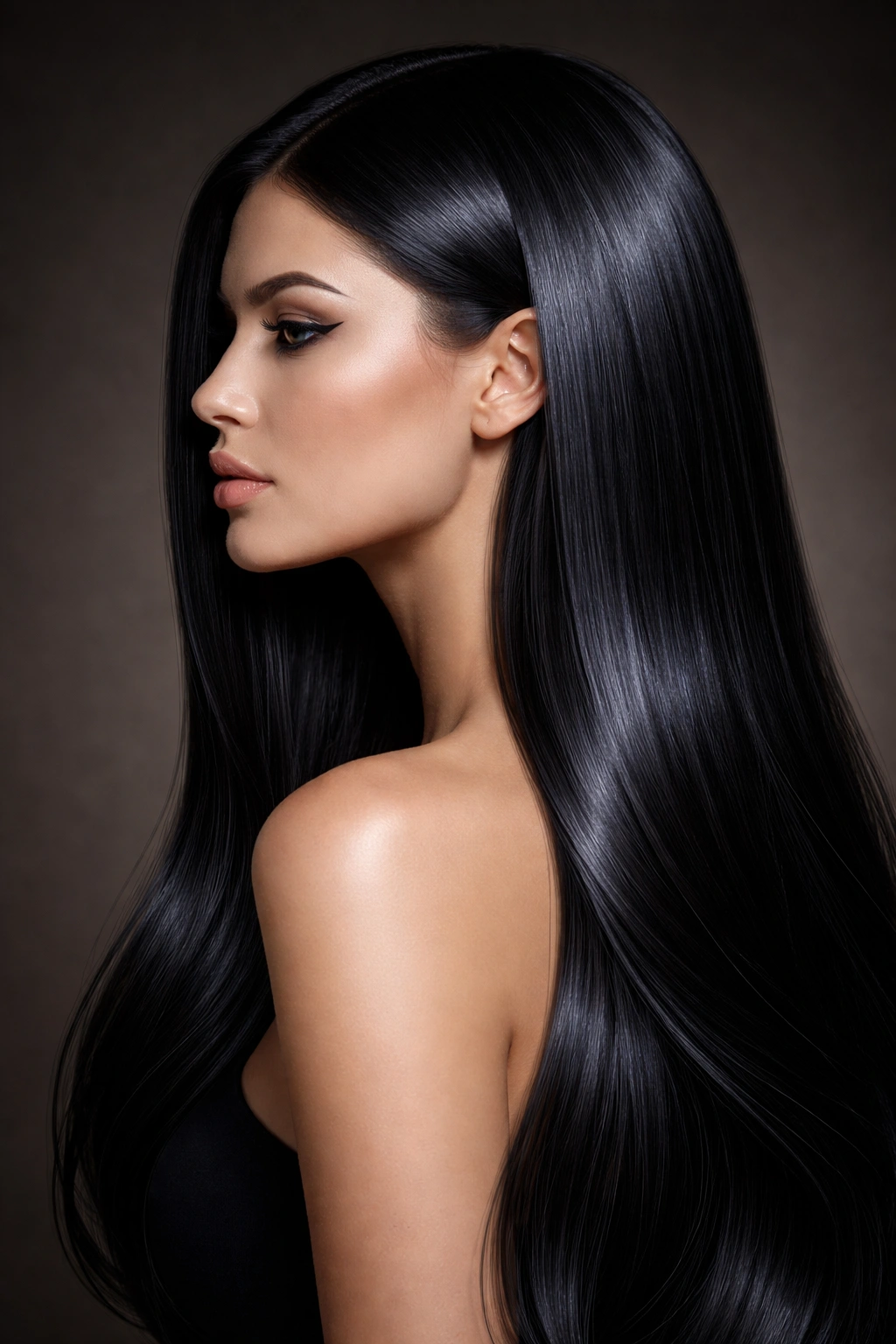 Portrait focusing on glossy black hair with blue undertones